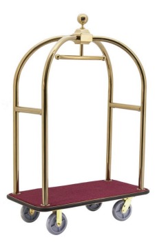 BIRD CAGE LUGGAGE CART 1240X640X1920MM, #304 S/S TITANIUM PLATED W/ 8" TPR WHEELS, RED CARPET