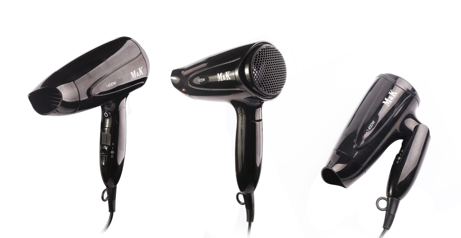 M&K ASTER FOLDABLE HAIR DRYER 1400W, 220-240V, ABS PLASTIC W/ 3 HOT WIND & 2 COOL WIND - BLACK