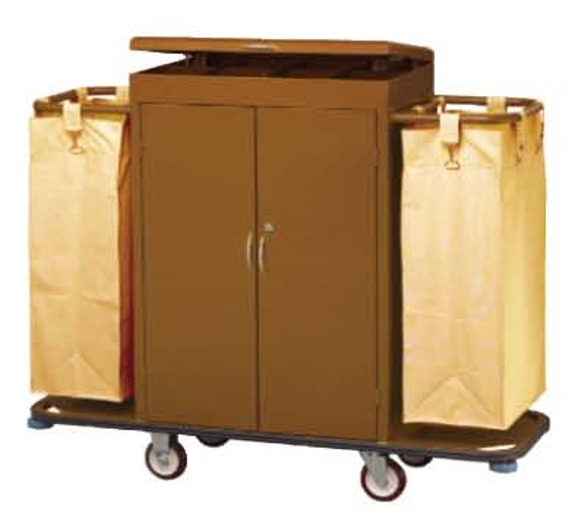 HOUSEKEEPING CART/SERVICE TROLLEY, S/S FRAME, 3 IRON LAYERS, 2 CANVAS BAG, 4 RUBBER WHEEL, LOCK DOOR