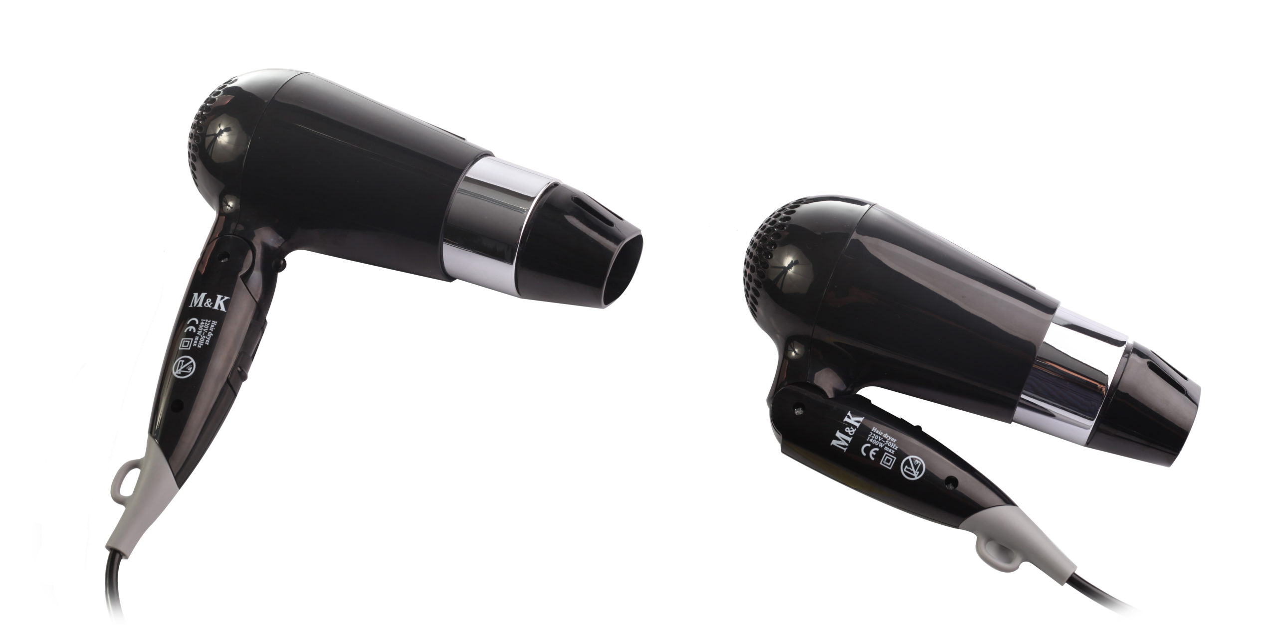 M&K ANGELIC FOLDABLE HAND-HELD HAIR DRYER, W/ SINGLE CHROM 1400W - BLACK