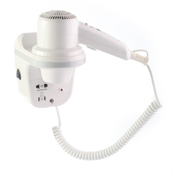 M&K CARMEL WALLMOUNTED HAIR DRYER W/ BACK CHROME & SHAVER 1200W - WHITE