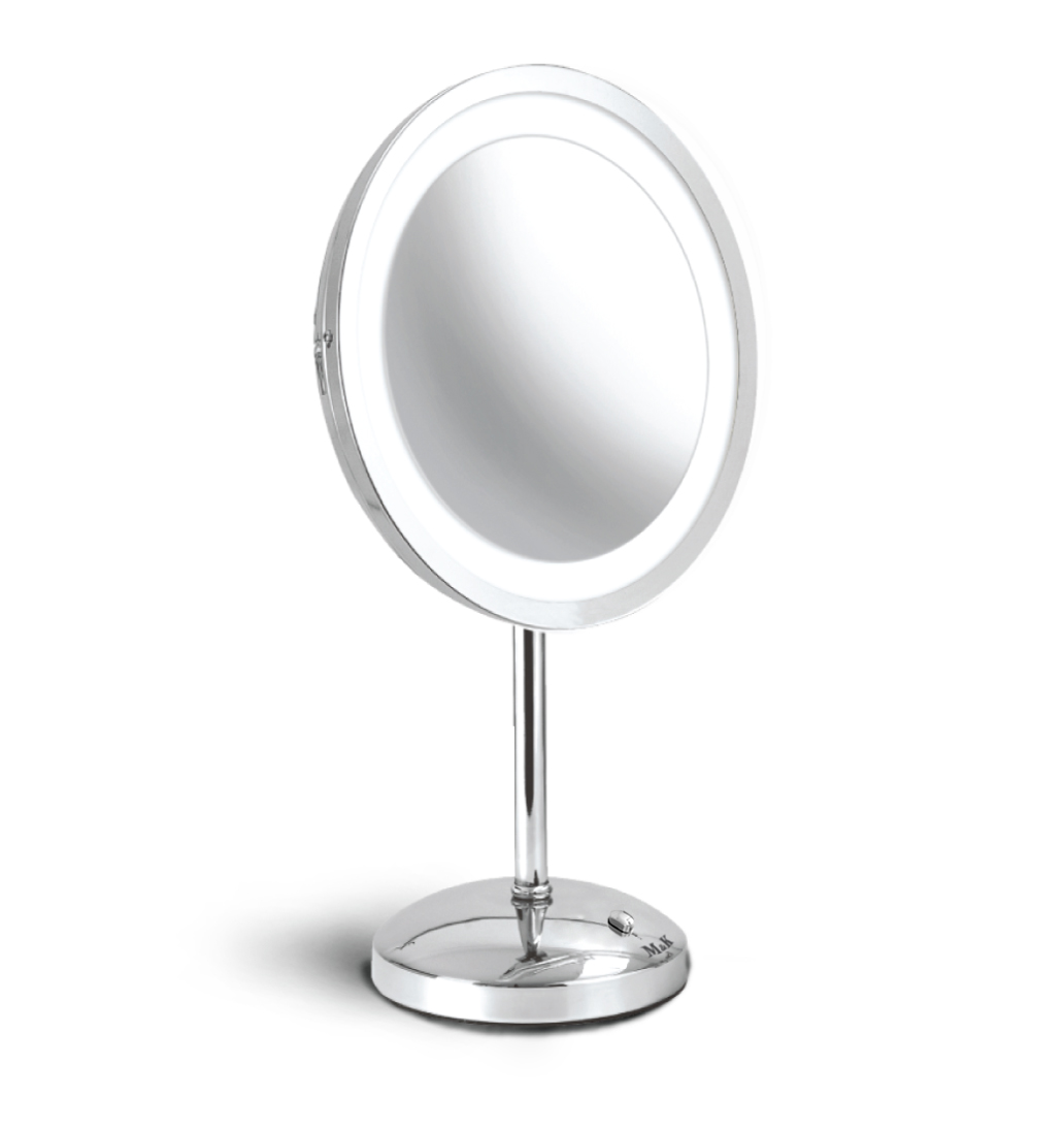 M&K DESKTOP MAGNIFYING MIRROR 330X220MM, SINGLE SIDE, ROUND BASE, 8.5" LED LIGHT, BRASS CHROME