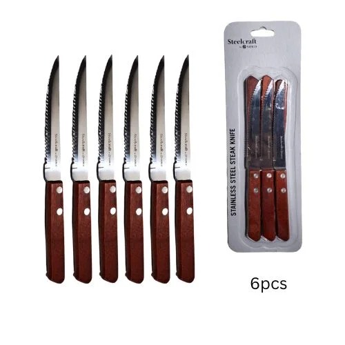 STEELCRAFT STEAK KNIFE W/ RIVETED WOOD HANDLE L21CM, SHARP END @6PCS/PACK