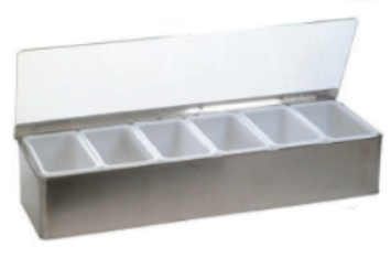 CONDIMENT DISPENSER 45X15X9CM, 6 INSERT X 1 PINT, S/S FRAME & CLEAR SEE THROUGH LID